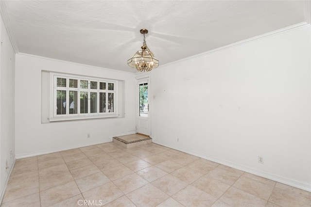 empty room with crown molding, light tile patterned floors, a textured ceiling, and a notable chandelier