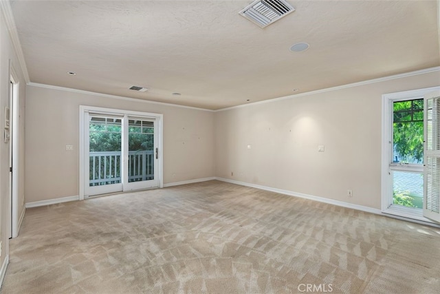 unfurnished room with a textured ceiling, light colored carpet, and crown molding