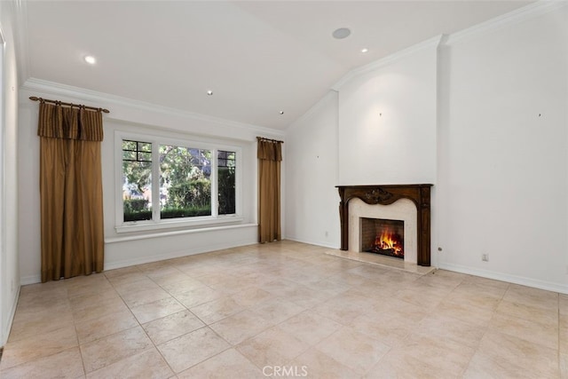 unfurnished living room featuring a premium fireplace, crown molding, and light tile patterned floors