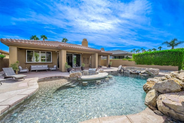 view of swimming pool featuring an outdoor hangout area and a patio