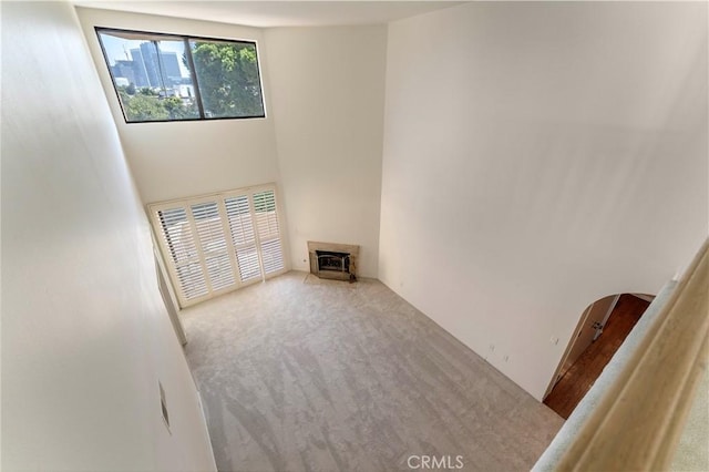 unfurnished living room with carpet flooring and a high ceiling