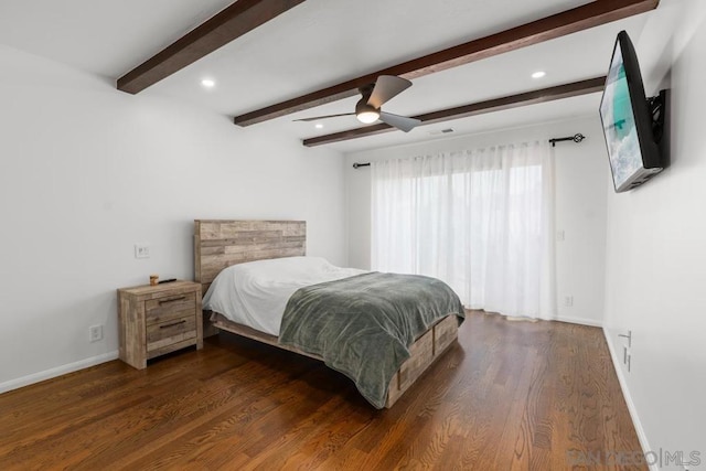 bedroom featuring beamed ceiling, ceiling fan, and dark hardwood / wood-style flooring