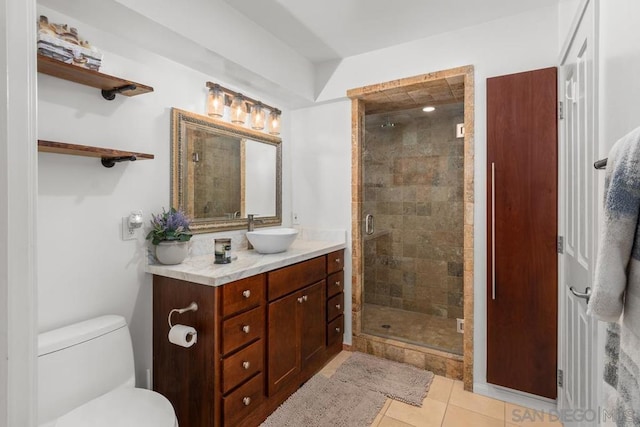 bathroom featuring tile patterned flooring, walk in shower, vanity, and toilet