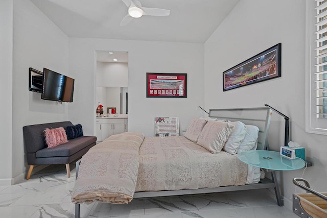 bedroom featuring connected bathroom and ceiling fan