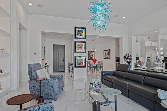 living room featuring built in shelves