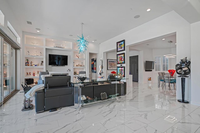 living room with built in shelves