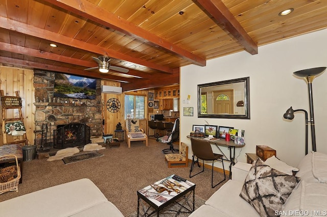 carpeted living room featuring ceiling fan, a stone fireplace, wood ceiling, and beam ceiling