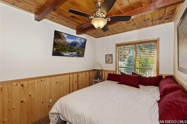 bedroom with wood walls, beam ceiling, and wooden ceiling