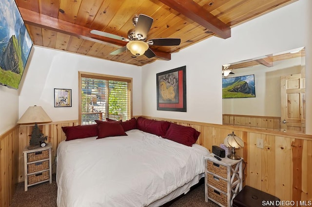 bedroom with ceiling fan, beam ceiling, wooden walls, dark colored carpet, and wooden ceiling