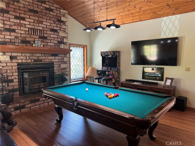 game room with billiards, lofted ceiling, dark hardwood / wood-style floors, and wood ceiling