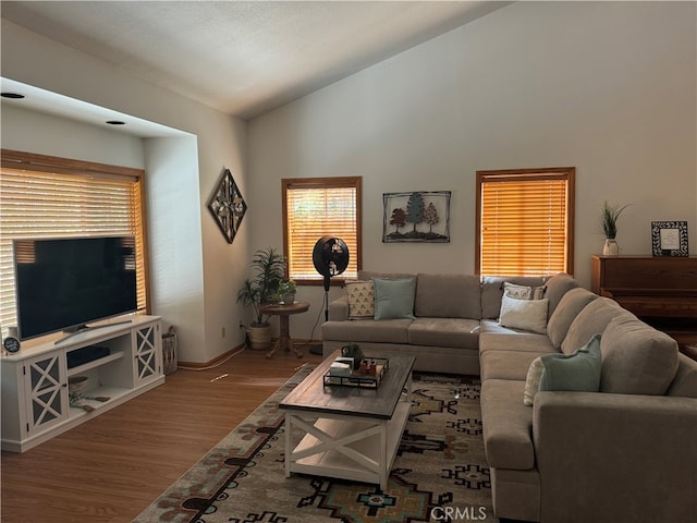 living room featuring high vaulted ceiling and hardwood / wood-style floors