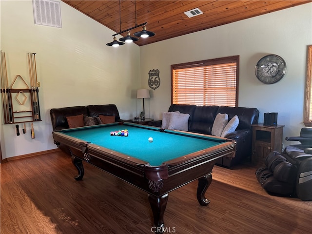 game room featuring vaulted ceiling, wood ceiling, hardwood / wood-style floors, and billiards