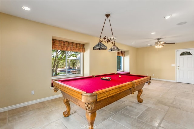 recreation room with ceiling fan and billiards