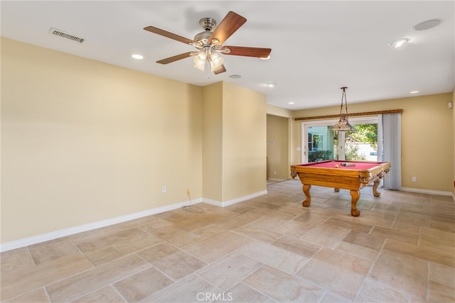 game room featuring pool table and ceiling fan