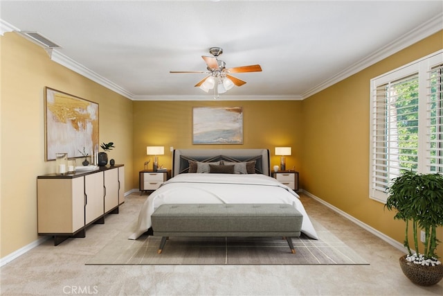 bedroom with ornamental molding, light carpet, and ceiling fan