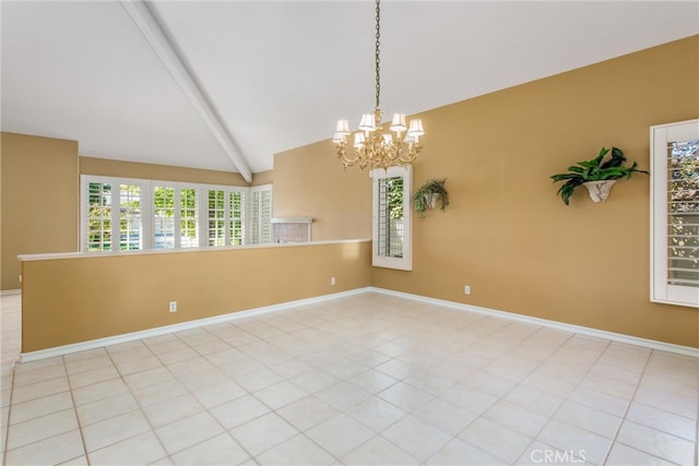 unfurnished room with an inviting chandelier, lofted ceiling with beams, and light tile patterned floors