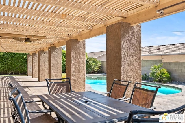 view of patio / terrace featuring a pergola, ceiling fan, and a fenced in pool