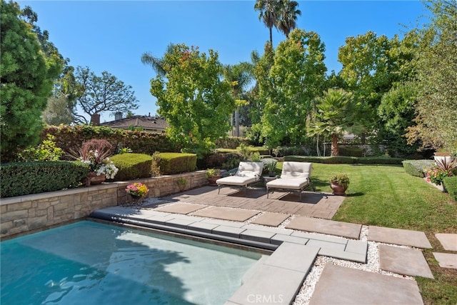 view of swimming pool featuring a yard and a patio