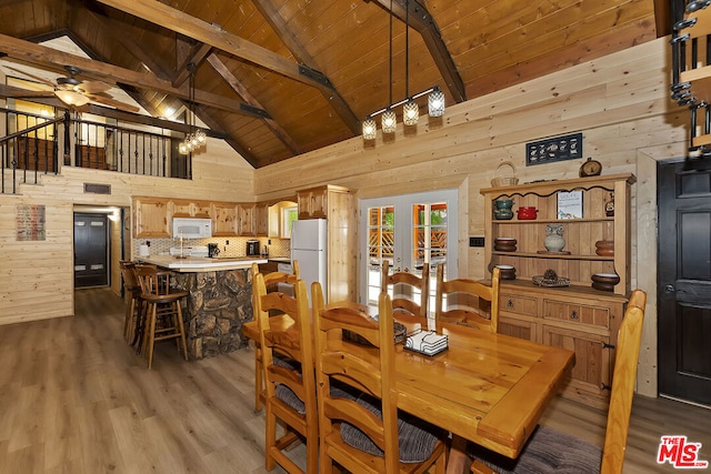 dining area featuring high vaulted ceiling, ceiling fan, beamed ceiling, hardwood / wood-style floors, and wood walls