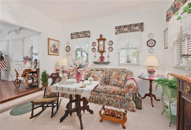 living room with light colored carpet and ornamental molding