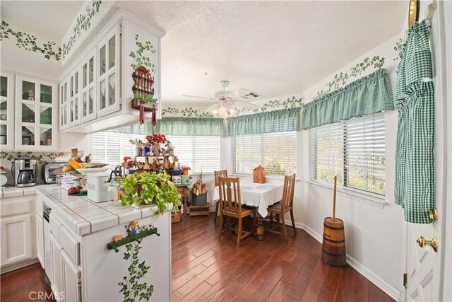 interior space with ceiling fan, tile counters, dark wood-type flooring, a textured ceiling, and white cabinets