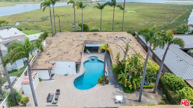 drone / aerial view featuring a water view