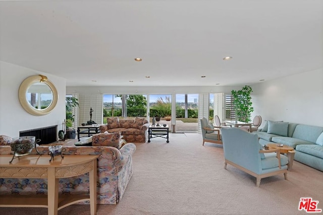 carpeted living room with radiator