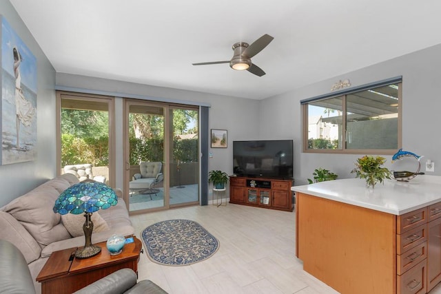 living room featuring ceiling fan