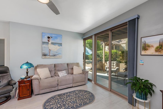 living room featuring ceiling fan