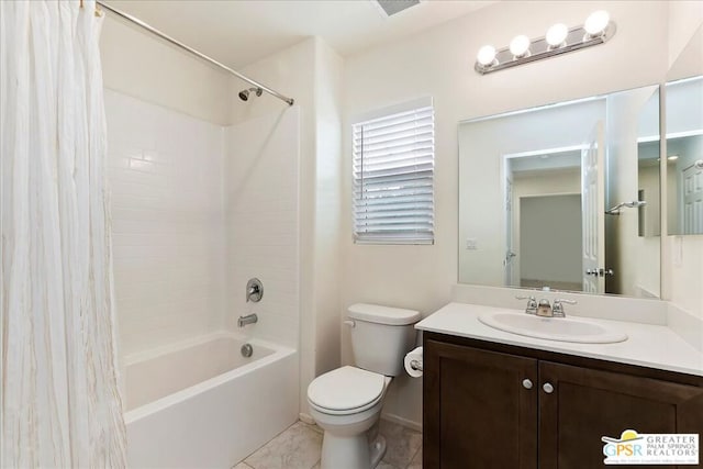 full bathroom featuring vanity, shower / tub combo, toilet, and tile patterned floors