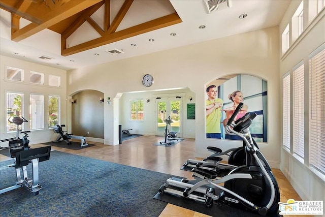 workout area featuring french doors, high vaulted ceiling, and a healthy amount of sunlight