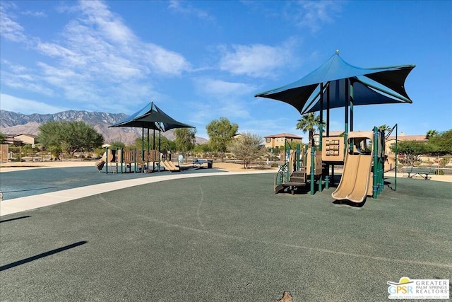 view of play area with a mountain view