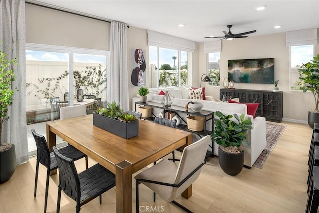 dining room with light hardwood / wood-style flooring, ceiling fan, and a healthy amount of sunlight