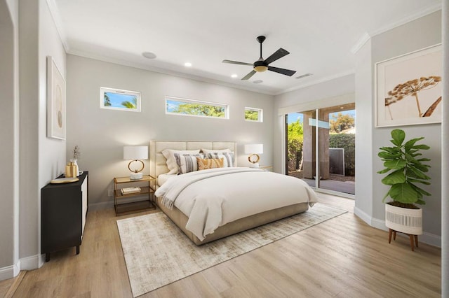 bedroom featuring crown molding, access to outside, light hardwood / wood-style floors, and ceiling fan