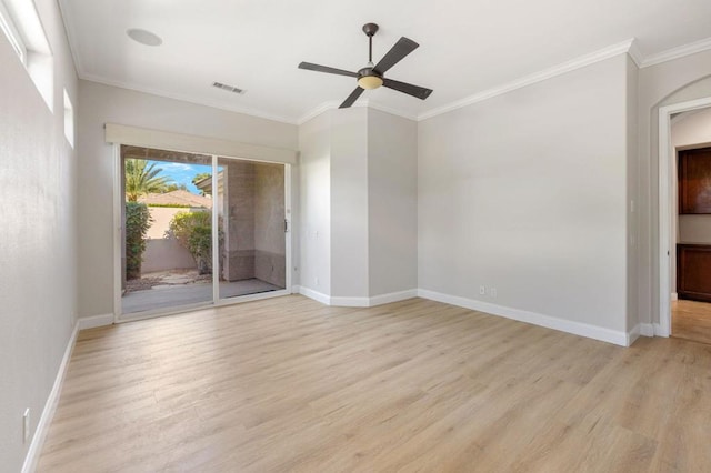 empty room with crown molding, ceiling fan, and light hardwood / wood-style flooring