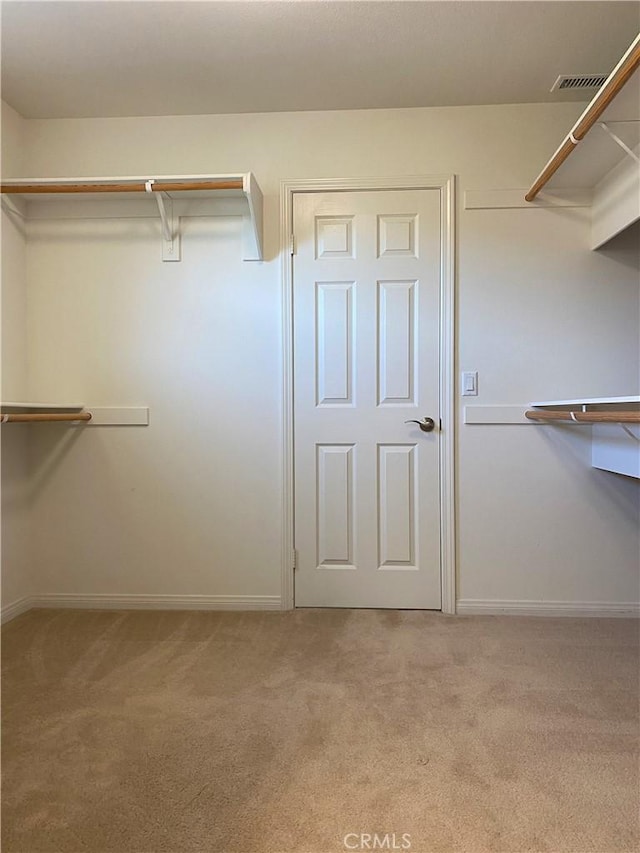 walk in closet with light colored carpet