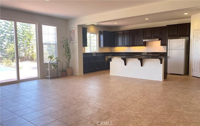 kitchen featuring a kitchen breakfast bar, white refrigerator, and a wealth of natural light