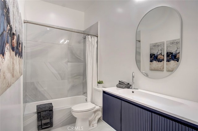 full bathroom with shower / bath combination with curtain, vanity, and toilet