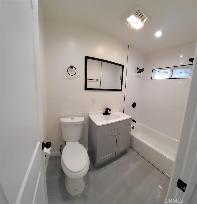 full bathroom featuring bathtub / shower combination, toilet, and vanity