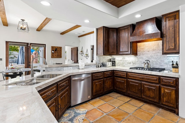 kitchen with beamed ceiling, premium range hood, appliances with stainless steel finishes, dark brown cabinets, and backsplash