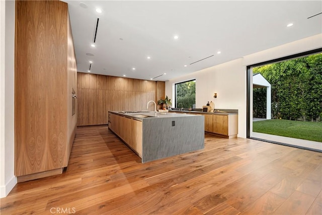 kitchen featuring wood walls, sink, an island with sink, and light wood-type flooring