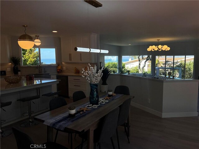 dining room with hardwood / wood-style flooring and sink