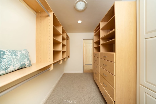 spacious closet featuring light carpet