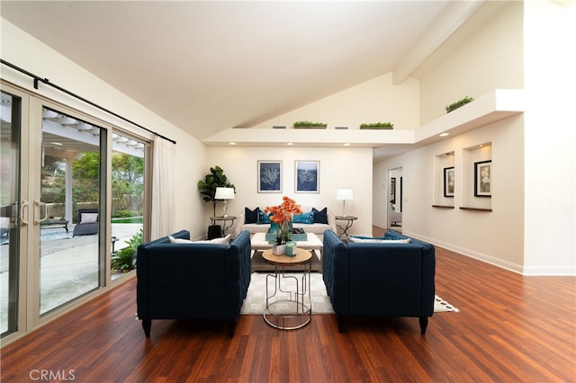 living room featuring high vaulted ceiling, beam ceiling, and dark hardwood / wood-style flooring