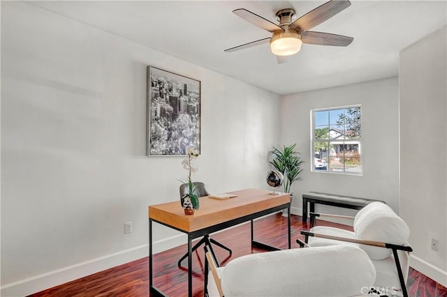 office area with ceiling fan and hardwood / wood-style floors