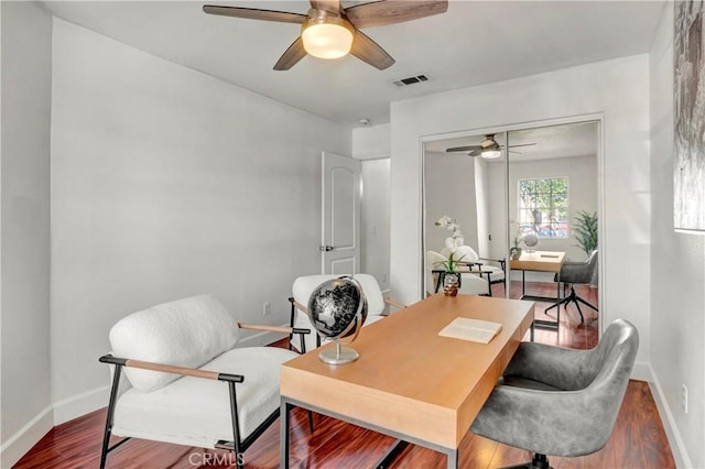 office area featuring ceiling fan and hardwood / wood-style flooring