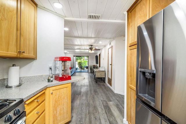 kitchen with ceiling fan, wooden ceiling, stainless steel appliances, and wood-type flooring