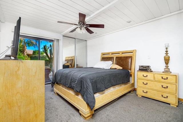 carpeted bedroom featuring access to outside, ceiling fan, wood ceiling, and ornamental molding