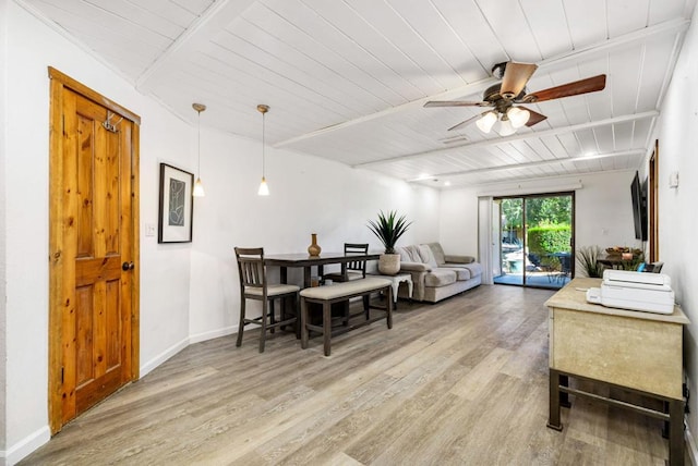 living room featuring wood ceiling, ceiling fan, wood-type flooring, and beam ceiling