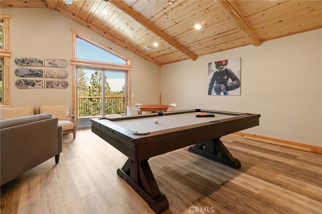 rec room with wood ceiling, vaulted ceiling with beams, light wood-type flooring, and a healthy amount of sunlight